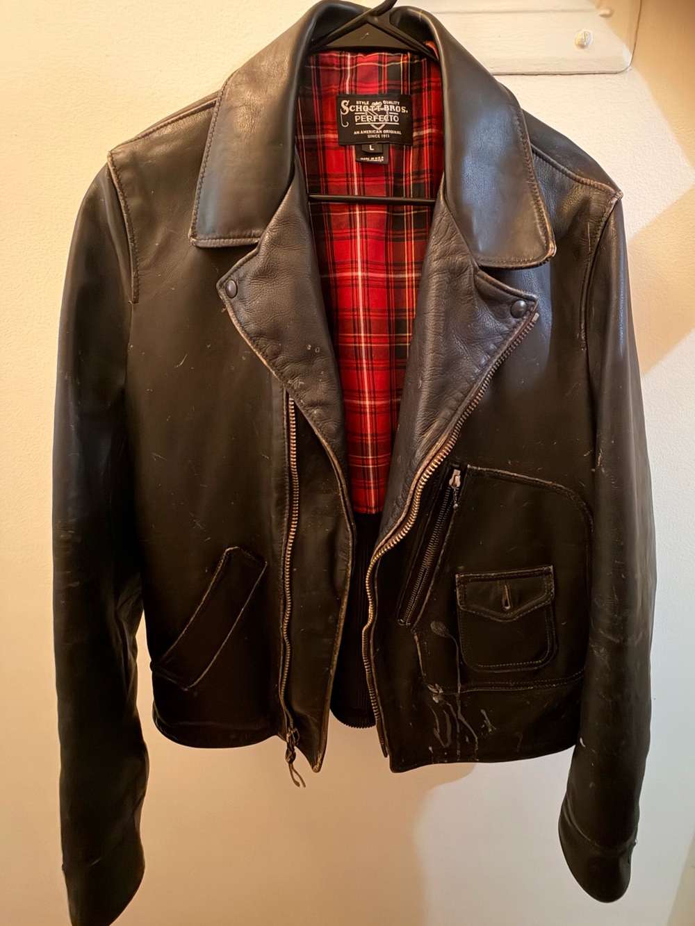 Schott NYC Black Leather Bomber Jacket with Red Plaid Lining